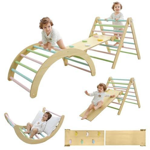 7 In 1 Climbing Frame for Toddlers, Foldable Climbing Triangle Set Wooden Indoor Montessori Climbing Toys Playground Gym with Ramp and Arch, Rocker, Jungle Gym, Slide for Kids Gift