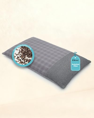 Edomi Breathable Cool Buckwheat Pillow,23.6x13.7 Adjustable Fill and Firmness, Firm Cervical Neck Support, Flat Thin Pillows for Back/Side/Stomach Sleepers, Ideal for Nightly Sleeping,Gray