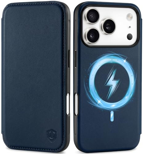 SHIELDON Slim Genuine Leather Case Wallet for iPhone 17 Pro 6.3-inch 5G 2025, Wireless Charging, Flip Design, RFID Blocking Card Slot, Magnetic Closure, Shock Absorbing Cover - Navy Blue