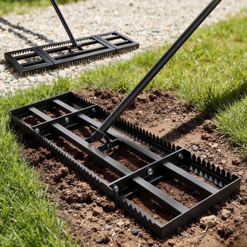 Housolution Rastrillo Nivelatore di Prato 32x10 con Bordo Seghettato & Piatto Liscio, Rastrillo Nivelatore in Acciaio Inossidabile Resistente, Manico Regolabile 72, per Suolo/Terra/Composta/Erba Mo