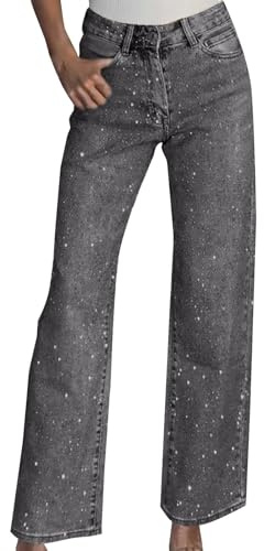 Generico Jeans a Vita Alta con Strass da Donne Brillantini Gamba Dritta e Larga Pantaloni di Jeans Baggy Vintage Glitter Ideali per Feste Festival Y2K Casual Streetwear