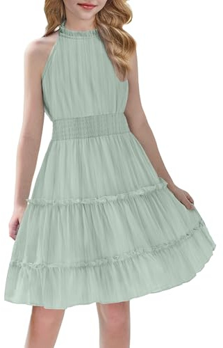 Arshiner Robe Filles été sans Manches Fête Enfants Robes Cérémonie Robe Légère Mousseline épaules Dénudées Midi Décontractée Trapèze Robes de Soirée éLégante pour Filles 6-13 Ans