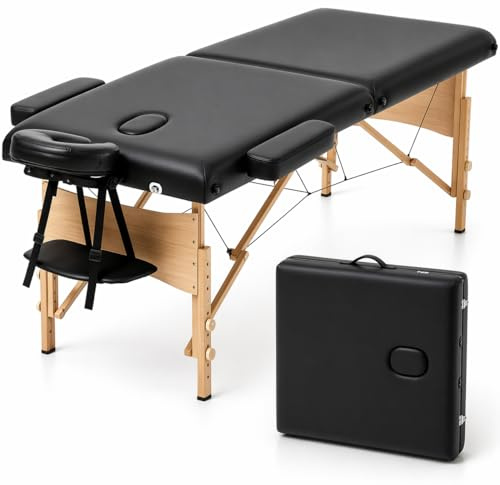 T-LOVENDO.ES Camilla de Masaje Plegable portátil Ligera Profesional | 2 cuerpos con Altura Ajustable | Acolchado Espuma Alta Densidad | Estructura Madera | Soporta hasta 200kg