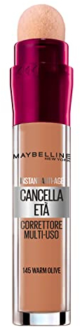 Maybelline New York Correttore Multi-Uso, Idratante e con Coprenza Modulabile, Imperfezioni e Occhiaie Coperte, Con Bacche di Goji e Haloxyl, Cancella Età, Tonalità: 145 Warm Olive, 6,8 ml