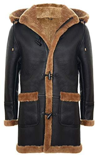 Infinity Leather Hommes Chaud Hiver Long Véritable Peau de Mouton en Cuir Gingembre Brun à Capuche Duffle Coat L
