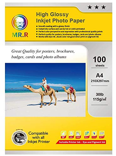 MR.R 115g/m² 100 Blatt A4 Format einseitig hochglänzendes Inkjet-Fotopapier tintenstrahldrucker glänzend foto paper Sofort Trocken Wasserfest Hochweiß fotoblätter