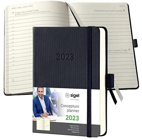 SIGEL C2311 Terminplaner Tageskalender 2023 - ca. A6 - schwarz - Hardcover - 400 Seiten - Gummiband, Stiftschlaufe, Archivtasche - PEFC-zertifiziert - Conceptum
