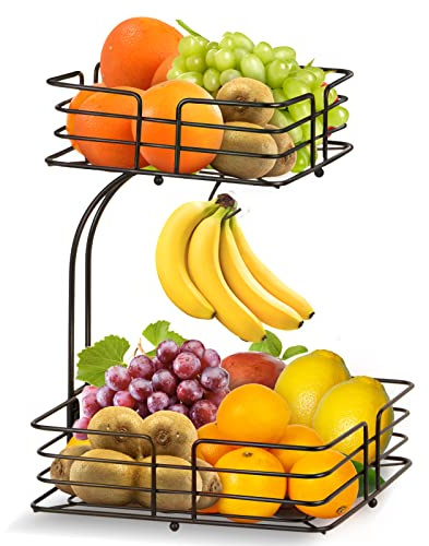 Bomclap 2 våningar fruktkorg med bananhållare – kök fruktskål av metall – avtagbara stående fruktskålar – modern dekorativ grönsakskorg fruktkorgar (brons)