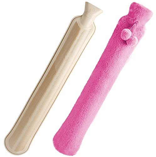 URBZUE Bolsa de Agua Caliente, Botella de Agua Caliente Larga 2L con Suave Felpa Funda, Natural Goma Agua Caliente Bolsa, Bolsa de Agua para Compresa Tibia y Fría, Calambre Femenino (73 * 14 cm)