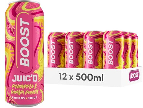 Boost Juic'd Energy Drink Pineapple & Guava Juice Punch | 12 Multipack Carbonated Soft Drinks with Real Fruit, High Caffeine, Taurine and Vitamin B | Fizzy Energy Drink Multipack | 12x500ml