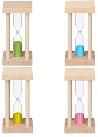 Relaxdays Sanduhren 4er Set, Kurzzeituhr, 4 Laufzeiten, HBT: 9x4,5x4,5 cm, Kinder Zahnputztimer, Eieruhr, eckig, bunt
