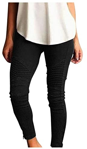 BiCophy Stretchy Jeggings for Women High Waisted Stretch Skinny Moto Biker Leggings with Pockets Comfy Pleated Slimming Pull-On Skinny Jeans Denim Pencil Pants(Black,Medium)