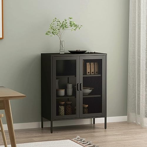 [en.casa] Sideboard Falköping Kommode Vitrinenschrank Wohnzimmerschrank Bücherregal Beistellschrank Standschrank aus Stahl mit 2 Gittertüren 101,5x80x40cm Schwarz
