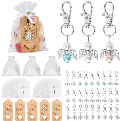 WuGU 30 Stück Schutzengel Anhänger, Gastgeschenke Hochzeit mit Organza Tasche, Kraftpapier Anhänger und Glückwunschkarte,Schutzengel schlüsselanhänger für Taufe, Geburtstag, Weihnachten