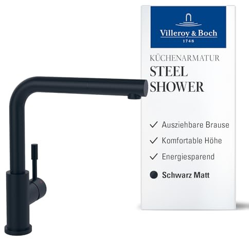 Villeroy & Boch Steel Shower, grifo de cocina de alta presión con rociador extraíble y caño giratorio de 360°, ColdStart de bajo consumo, altura 270 mm, negro mate