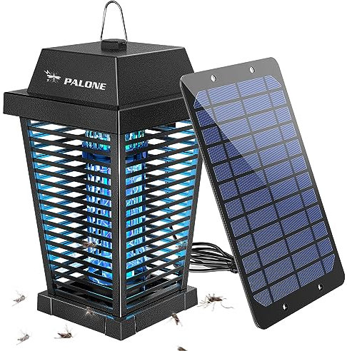 PALONE Insektenvernichter Elektrisch Solar, 4500V USB C Wiederaufladbar Elektrischer UV Mückenlampe with 7,5W/5V Sonnenkollektor & 3,6M Typ-C Kabel für Camping Garten Innen
