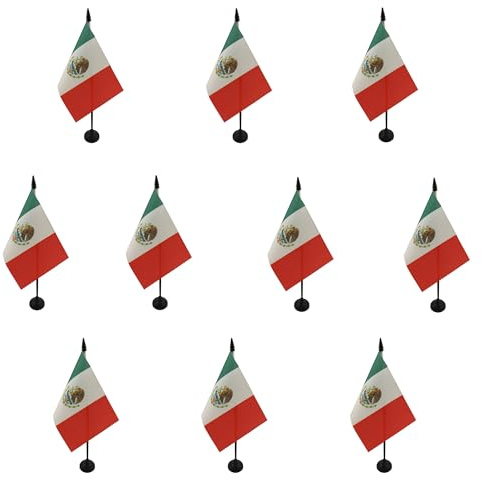 AZ FLAG - Set med 10 mexikanska bordsflagga - 15 x 10 cm - 10 mini mexikansk kontorsflagga 100 % polyester med 25 cm skaft och svart plastbas