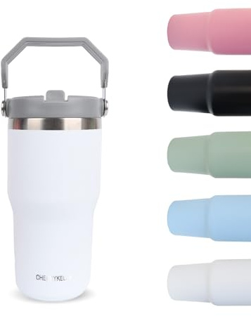 CherryKelly 20oz (550ml) Travel Mug with Handle, Travel Tumbler with Straw Lid, Stainless Steel Vacuum Insulated Coffee Cup, Double Wall Travel Flask Car Mug, Leak Proof Water Bottle - White