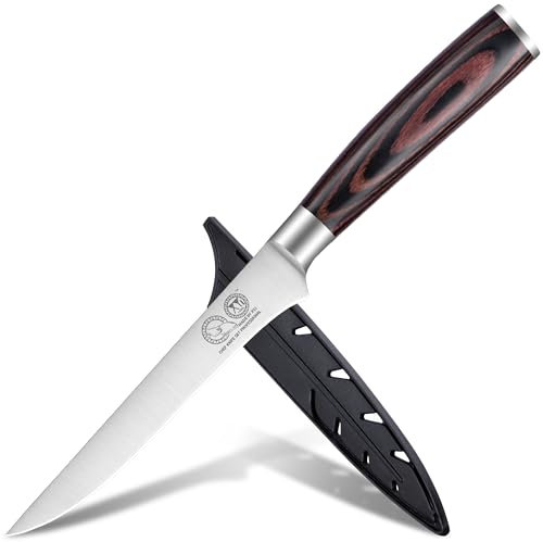 XYJ Coltello da cucina da 5,5 pollici, coltello per disossare in acciaio inossidabile con fodera, posate da cucina professionale, coltello per filetare pesce salmone in legno di Pakkawood