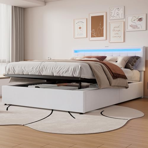 KEYIDE Letto imbottito 160 x 200 cm, con LED e USB, letto a molle con cassetta letto idraulica, letto con rete a doghe, grande spazio, letto matrimoniale per ragazzi, senza materasso (bianco, 160 x