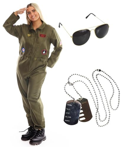 Costume d'aviateur de pilote pour femme – Taille XL – Combinaison verte avec patchs militaires, lunettes de soleil et plaques d'identité – Déguisement de pilote téléfilm pour femme