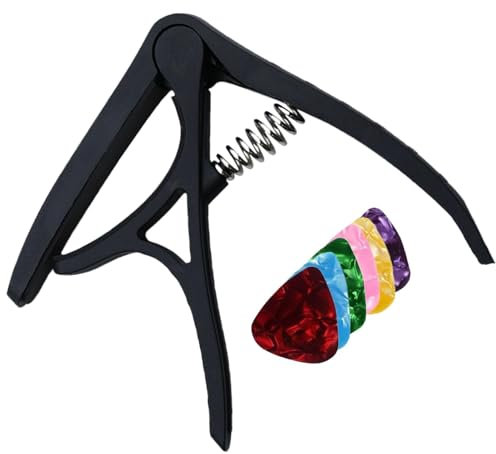 Kapodaster für E-Gitarre, vielseitig einsetzbares tragbares Akustikgitarren-Kapodaster-Gitarrenzubehör, Gitarren-Kapo-Clip-Klemme mit 6 Plektren-Halter, Kapodaster für akustische E-Gitarre, Ukulele