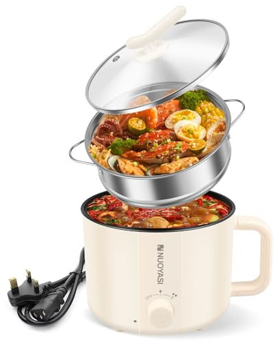 Electric Hot Pot with Steamer, 1.8 L Non-Stick Mini Electric Pot, 2 Gear Rapid Noodles Cooker, Portable Mini Stock Pot with Overheat Boil Dry Protection for Noodle, Pasta, Ramen (Double Layer)