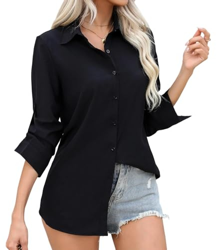 Sahunfri Women’s Long Sleeve Dress Shirt Regular Fit,Black Blouse Shirts with Button Down for Women Business Office Wear Casual (UK, Alpha, XL, Regular, Regular, Black)