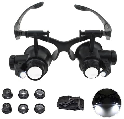 WDKXCN Lupenbrille mit Licht, Vergrößerungsbrille mit Licht 6 Linsen, Lupenbrille Chirurgische, Kopfband Leselupe,Stirnbandlupe mit Verstellbaren LED Lichtern für Basteln Uhrenreparatur Schmuck Lesen