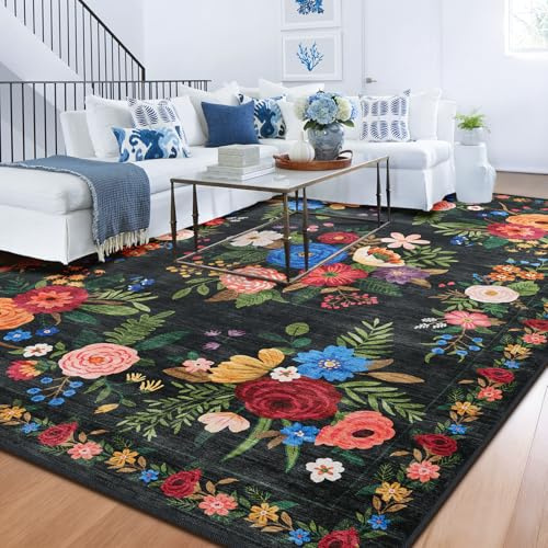 BYBSRLL Tappeto antiscivolo, lavabile in lavatrice, per soggiorno, 120 x 180 cm, a pelo basso, morbido, vintage, floreale, per camera da letto, cucina, ingresso, salotto, comodino, dormitorio, nero