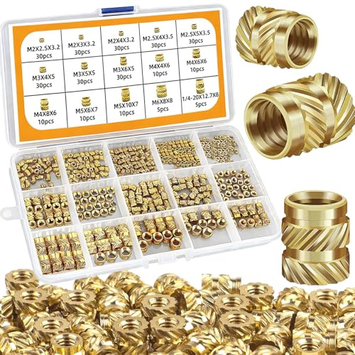 Benaton 300 Piezas insertos roscados latón, Inserto roscado M2/M2.5/M3/M4/M5/M6 y1/4-20 casquillos roscados de latón, Tuercas de Insertos Roscados de Latón para Impresas en 3D con Estuche de Plástico