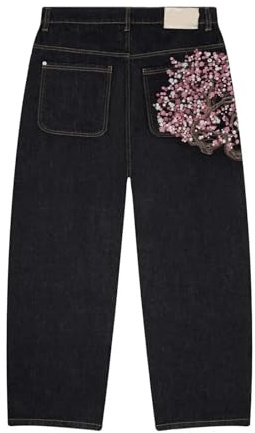 CNYUON Baggy jeans körsbär broderi denim byxor män kvinnor tyg hiphop streetwear brett ben