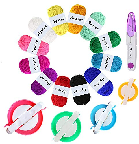 Pompon Maker, 4 formati di pom pom Makers per Fluff Ball Weaver Needle Craft Fai da te lana Knitting Craft Tool Set decorazione + 12PS filato acrilico + 1PS forbici (17a)