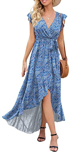 GRECERELLE Womens Summer Maxi Dress Boho Floral Cocktail Polka Dot Wrap Dresses V Neck Casual Party Bohemian Flowy Long Dress for Ladies (Fp Cashew Cyanblue, XXL)