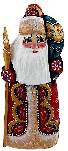 Needzo Santa Claus Figurine Christmas Decoration Russian Hand Painted Hand Carved Father Frost Holding Bag of Goodies 6 Inch, Hand Made