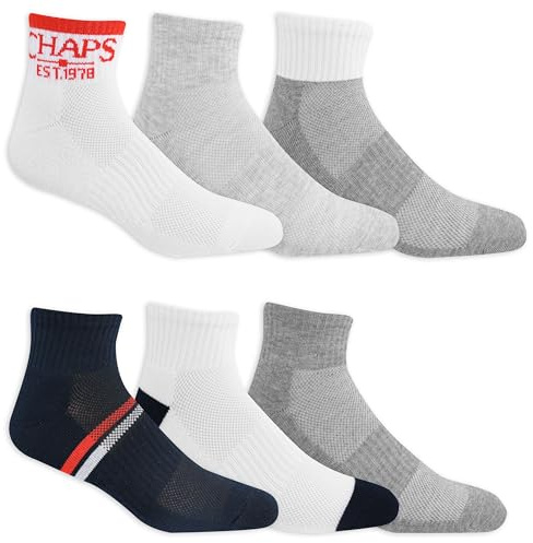 Chaps Men's Sport Performance Recycled Blend Comfort Cushion Ankle Socks 6 Pair Pack, White and Navy Assorted, Men's Shoe Size: 6-12