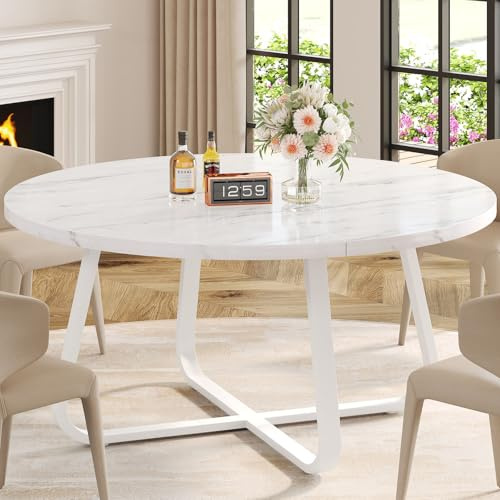 LVB Tavolo da pranzo rotondo in finto marmo bianco per 4-6 persone, tavolo da pranzo rotondo del centro secolo, ufficio, soggiorno, marmo bianco, 130 cm
