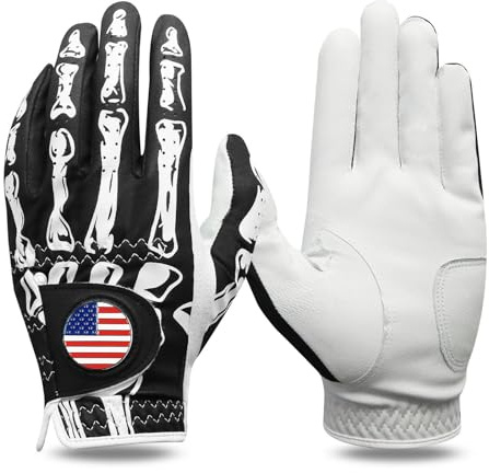 VEASAERS Golf Gloves Men Right Handed Left Hand with Ball Marker 1 Piece Leather Premium Weatherproof Soft Mens Golf Glove Size S M L XL (1 Piece, Black, XL, Left)