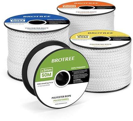 Brotree Polyester Rope 4mm x 50m White - Diamond Braided Rope Cord Low Stretch - 200KG Breaking Load