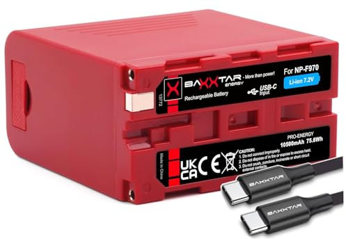 Baxxtar Pro Batterie NP-F970 10A Max (10500 mAh) avec USB-C PD 20W entrée/Sortie - Sortie USB-A 2A pour NP-F990, NP-F980, NP-F960, NP-F950, NP-F750 - Compatible avec caméscope, lumières LED