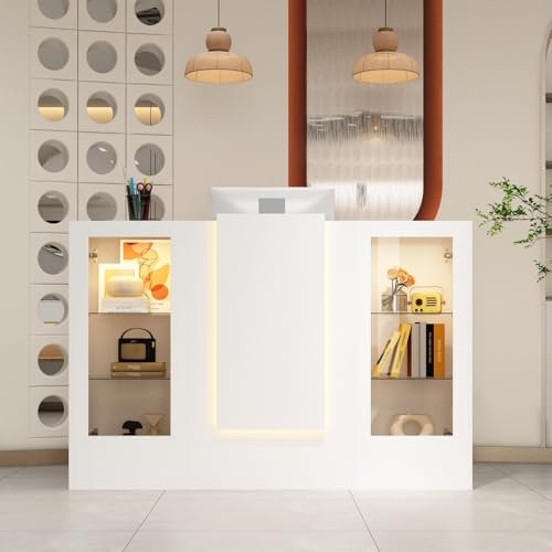 Empfangstisch mit Tastaturschublade und 2 Schränken，Empfangstheke mit 3 farbigen Lichtleisten，Empfangstheke mit Glasvitrinen，Rezeptionstisch，Rezeptionstheke, Empfangstresen, 150 x 52 x 100 cm, weiß