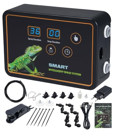 Mulcort Système de brumisation intelligent pour reptiles - 2 buses de pulvérisation - Réglage à 360 ° - Crochet ou ventouse - Pulvérisation programmée pour lézards, caméléons, serpents, tortues