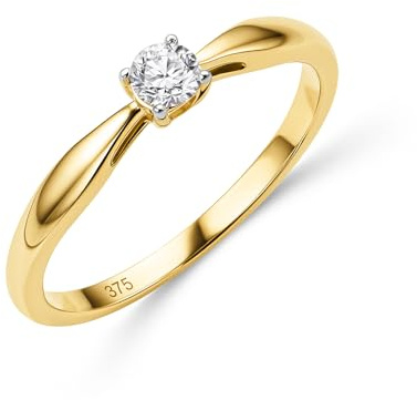 MIORE Bague Femme, Bague de Fiançailles avec Diamant 0.15 Ct Serti Griffe, Bague Solitaire, Bague en Or Jaune 9 Carats 375, Bague Vrai or, Bijoux Femme Hypoallergéniques Fabriqués à La Main