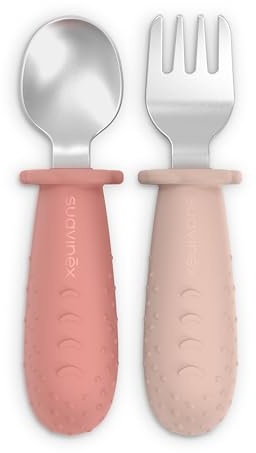 Suavinex, Cubiertos Bebé de Aprendizaje, Pack de Cuchara y Tenedor de Acero Inoxidable, Mango de Silicona Antideslizante, Ergonómicos, Seguros, para BLW, para Bebés +6 Meses, Apto Lavavajillas, Rosa