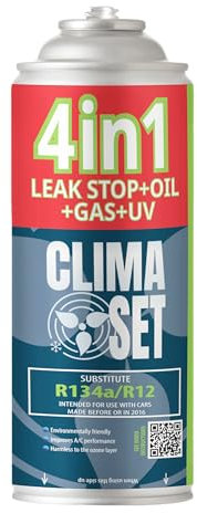 CLIMASET - KIT complet AC R134a 4 en 1, remplacement du gaz, pour voitures de 1994 à 2016 - Solution de climatisation - Ensemble complet - Produit d'étanchéité, colorant UV, réfrigérant