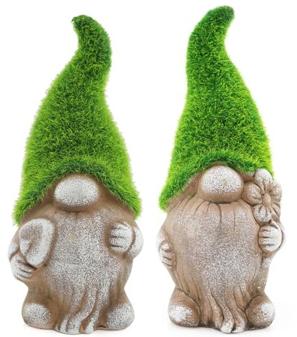 Set of 2 Flock Grass Garden Gonk Gnomes – 7/18cm Ceramic Outdoor Ornaments with Green Flocked Hats & Spades – Cute Stone Effect Decorative Statues for Garden, Patio, Balcony, or Home Décor