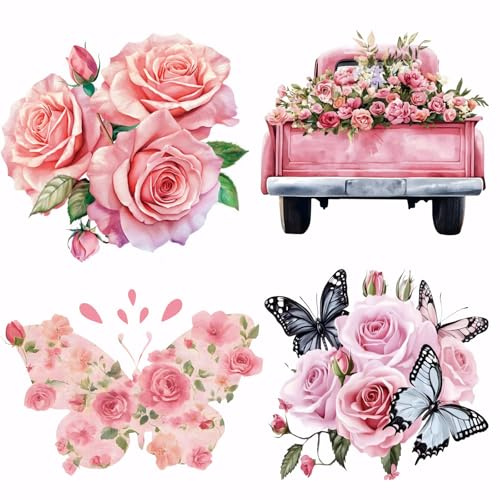 SUPERDANT 4 stycken rosa rosor överföringspapper för strykning fjärilsblommor strykbilder plastfolie logotyp värmeöverföring klistermärken för t-shirts kanvasväskor jackor hantverk