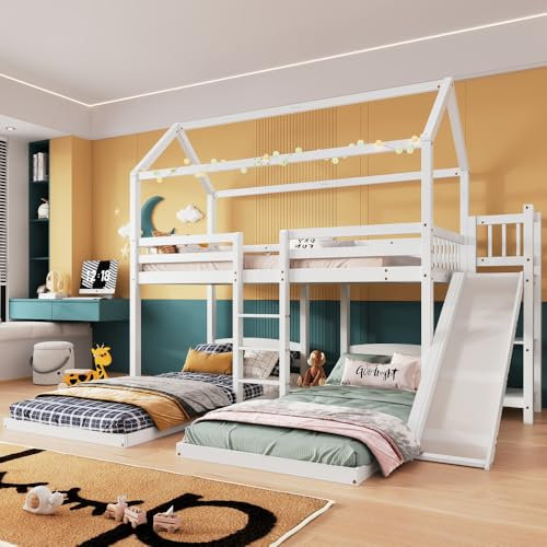 Zubaliya Letto a castello per bambini, 90 x 200 cm, letto a castello 3 posti, letto a soppalco a 3 posti, con scivoli, mensola aperta, con scala a tre gradini, cornice in pino con tetto, pino + MDF