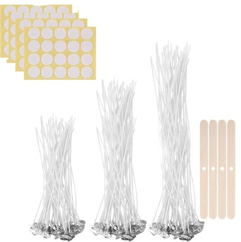 Candle Wicks, 150 Pcs Long Pre Waxed Wicks (10cm/12cm/15cm) for Candle Making, DIY Crafts, with 4 Wick Holders & 4 Sheets Dot Stickers