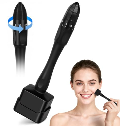 ALIIP Microneedle Derma Roller Stamp Pen 0-3MM Adjustable Needles,140 Titanium Professional Microneedling Stamp, Derma Manual Pen for Face Body Hair Beard Growth, Skin Care, for Women & Men,Black